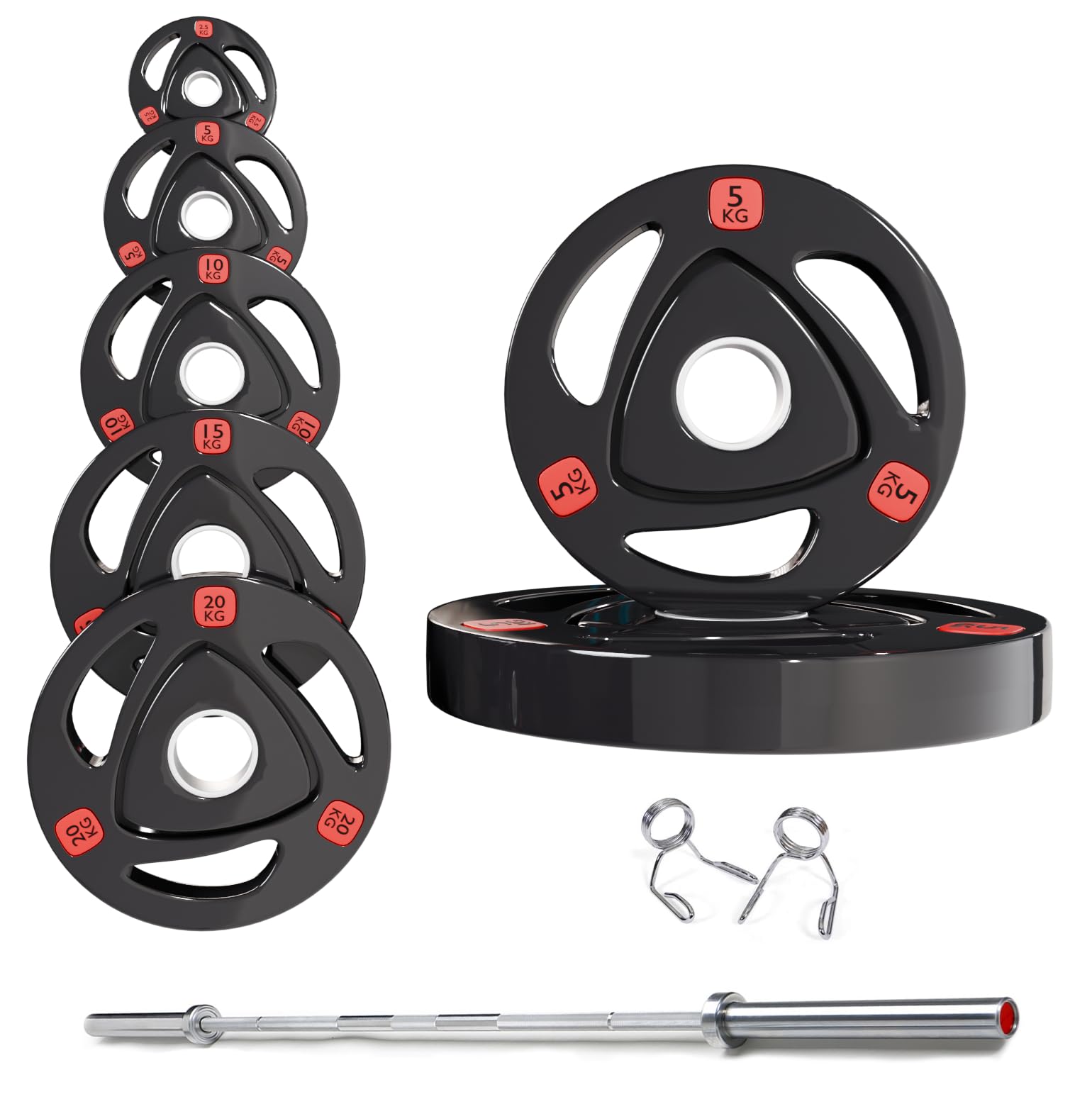 Strongway® Olympic 50KG 70KG 100KG Tri Grip Weight Plates Sets with 6FT 7FT Barbell - 2 Inch (2") / 50mm Hole - Rubber Coated Cast Iron Weight Lifting Bar