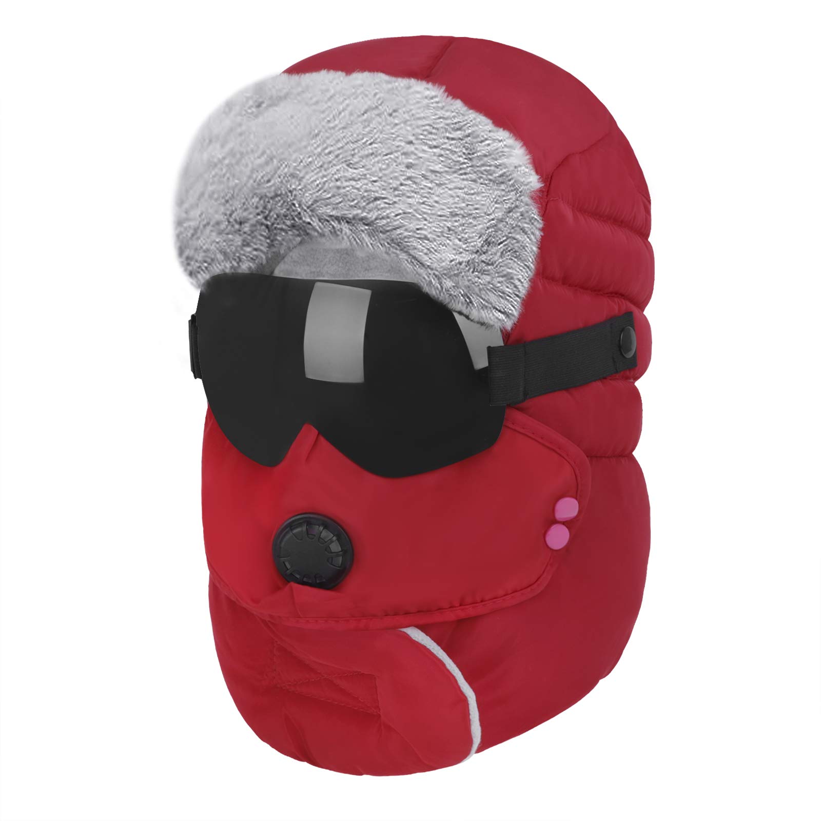 Women Men Trooper Trapper Hat Winter Ski Hat with Windproof Ear Flap Face Mask Goggles Faux Fur Lined Full Cover Balaclava Waterproof Russian Ushanka Cossack Hat Hunting Cycling Cap Thermal Winter Hat