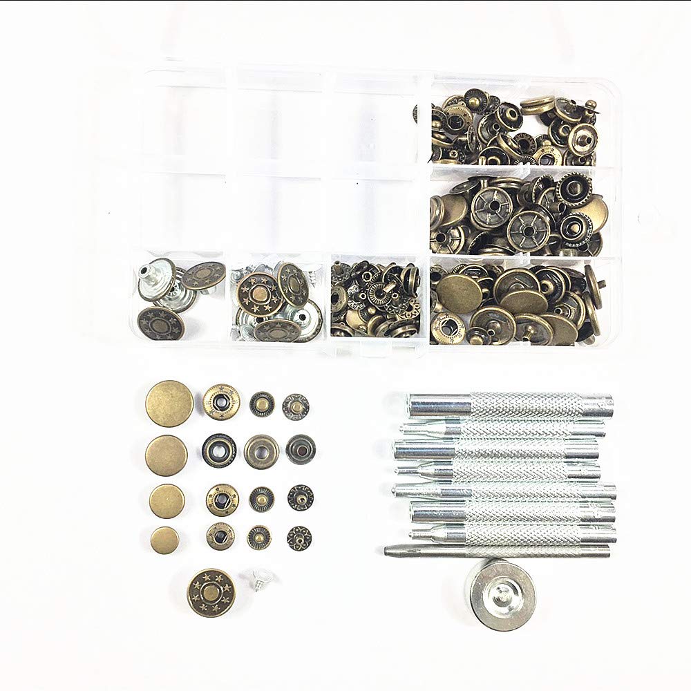 10-17mm 5Style 50set Metal Snap Fastener Press Stud Buttons Poppers Leather Craft Jeans Button+9pcs Fixing Tools Kit+Storage Box