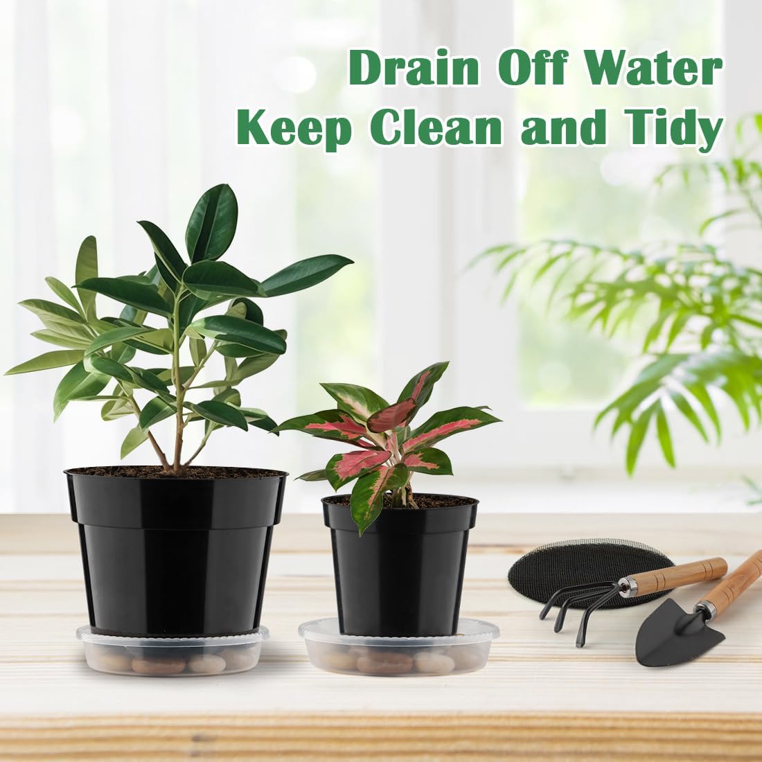 RooTrimmer 20 Pack Plant Pots, 6 Inch Plastic Plant Planter with Saucers and Mesh Mats, Durable Flower Pots with Drainage Holes Perfect for Indoor Outdoor, Black