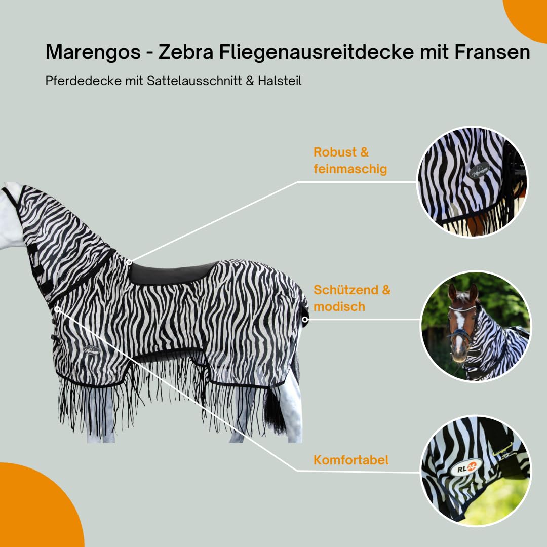 Marengos Zebra Fliegenausreitdecke mit Fransen Pferdedecke Sattelausschnitt Halsteil Insektenschutz feinmaschig Fliegendecke Outdoor Schwarz/Weiß 155 cm