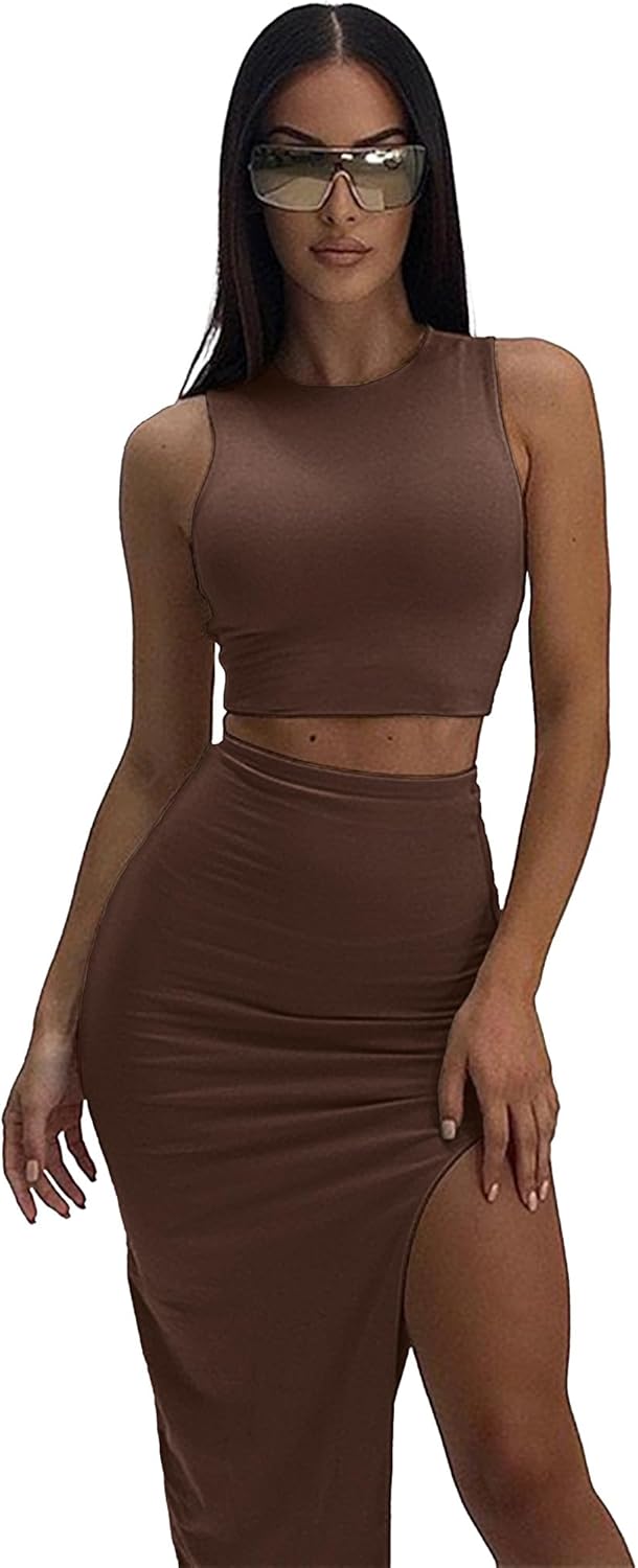 ELLEVEN Sexy 2 Piece Maxi Skirt Sets for Women - Knit Bodycon Crop Tank Top and High Slit Skirt Dress Set, Summer Outfits - Image 2