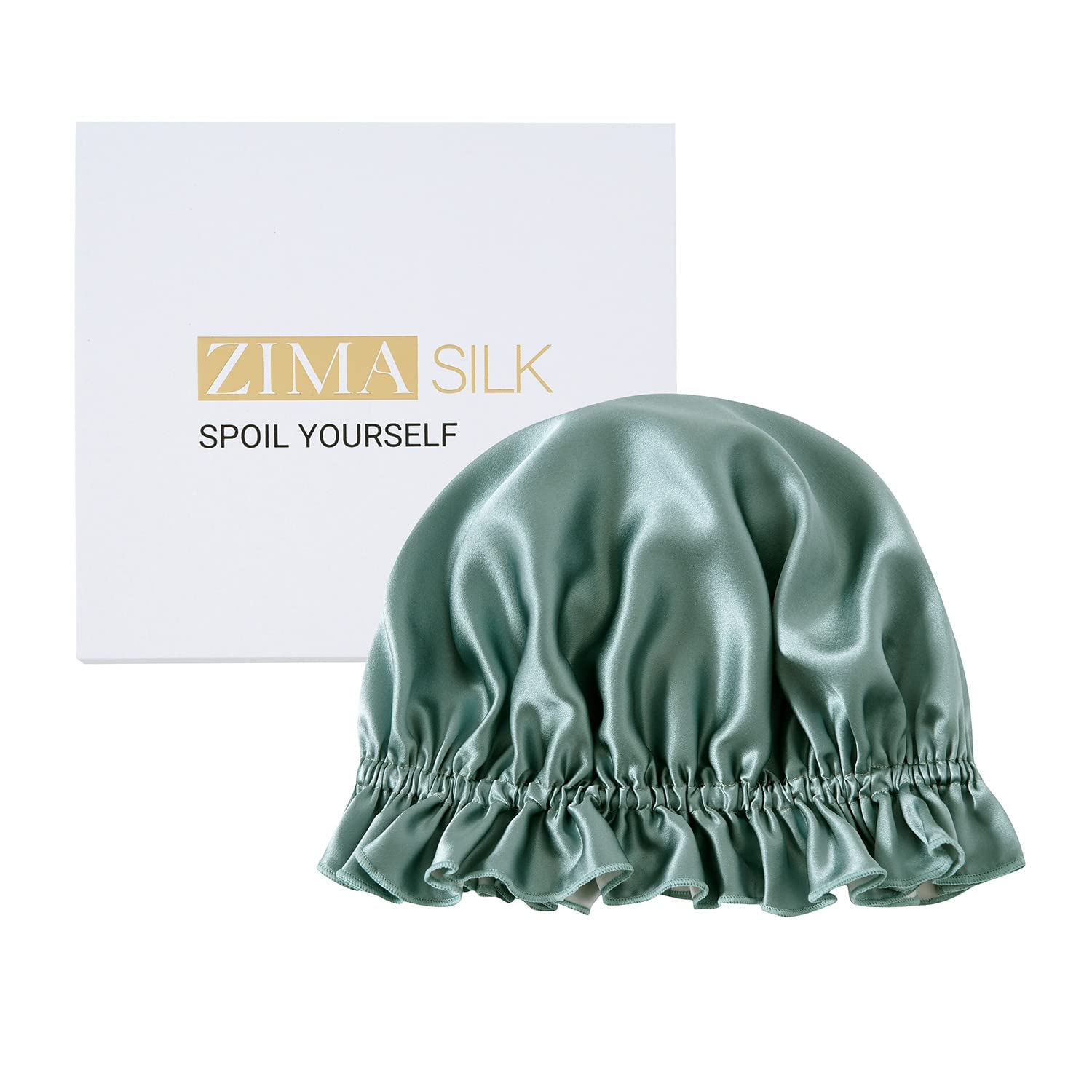 ZIMASILK 100% Mulberry Silk Bonnet for Women Hair Care, Double Layered, Silk Hair Wrap for Sleeping with Elastic Stay On Head (1Pc, Greyish Green+Ivory)