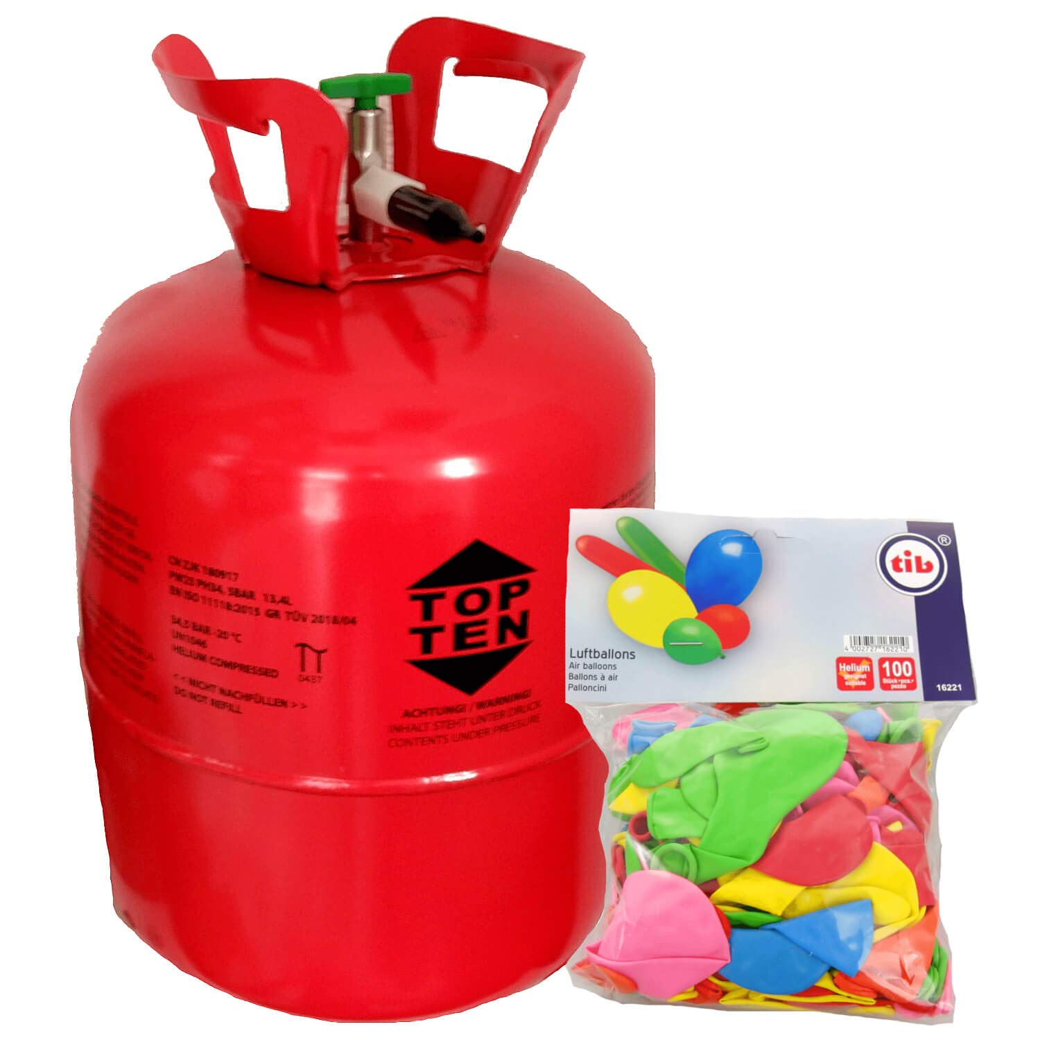 TOP TEN Helium Ballongas für bis zu 50 Luftballons inkl. 100 Stück Latex Luftballons 0,36m³