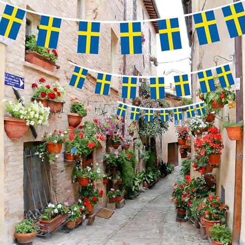 Image of AhfuLife 30 Pcs Sweden String Flags for National Day Decorations, Small Swedish Flag Bunting Banner - Double Sided for Midsummer Festival Party Decorations (5.5x8.3 Inch-33 Ft)