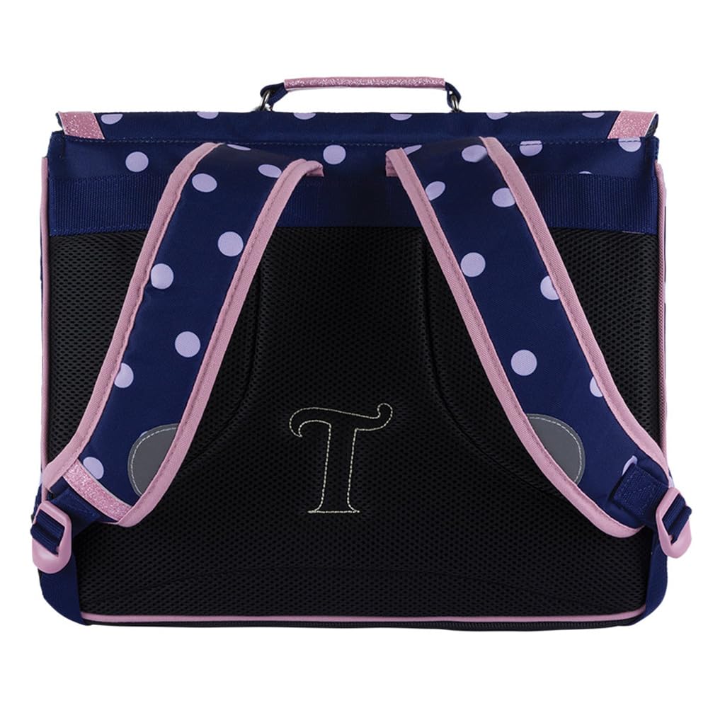 Tann's - Cartella Romy Marine 41 cm - Stampa a pois, ganse rosa glitterata e pompon in tulle - Cartella scolastica ragazza 2 soffietti - CE2 CM1 CM2