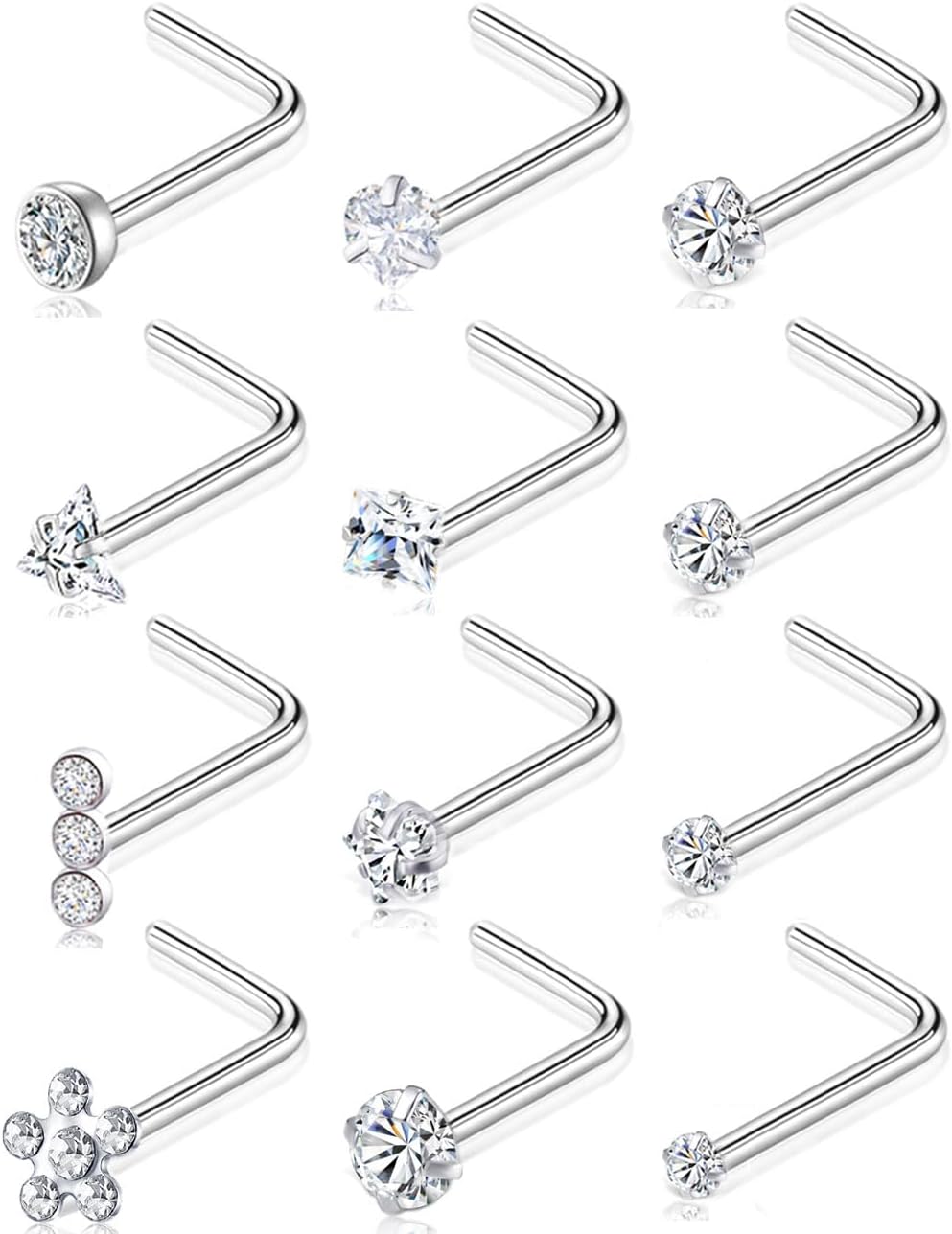 12Pcs Nose Rings Studs 20G Stainless Steel L Screw Bone Shaped Nostril Piercing Triangle Flower Square Heart Pentagram Round CZ Nose Stud Piercing Jewelry for Women Men Silver Tone