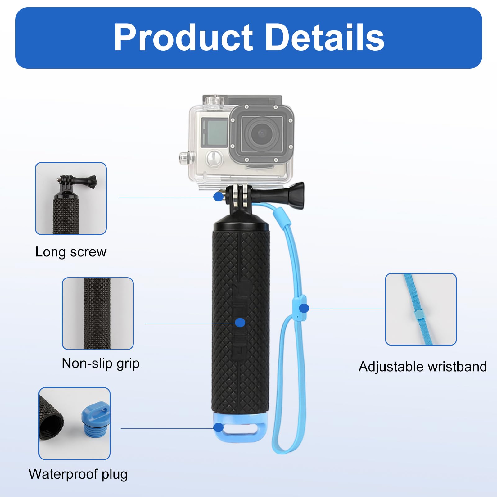 Poignée Flottante pour GoPro Hero 13 12 11 10 9, Étanche Handler Étanche Action Caméra Grip Pôle, Perche pour Go Pro avec Corde Sécurité, Rangement Étanche pour GoPro Étanche sous Marine, Noir