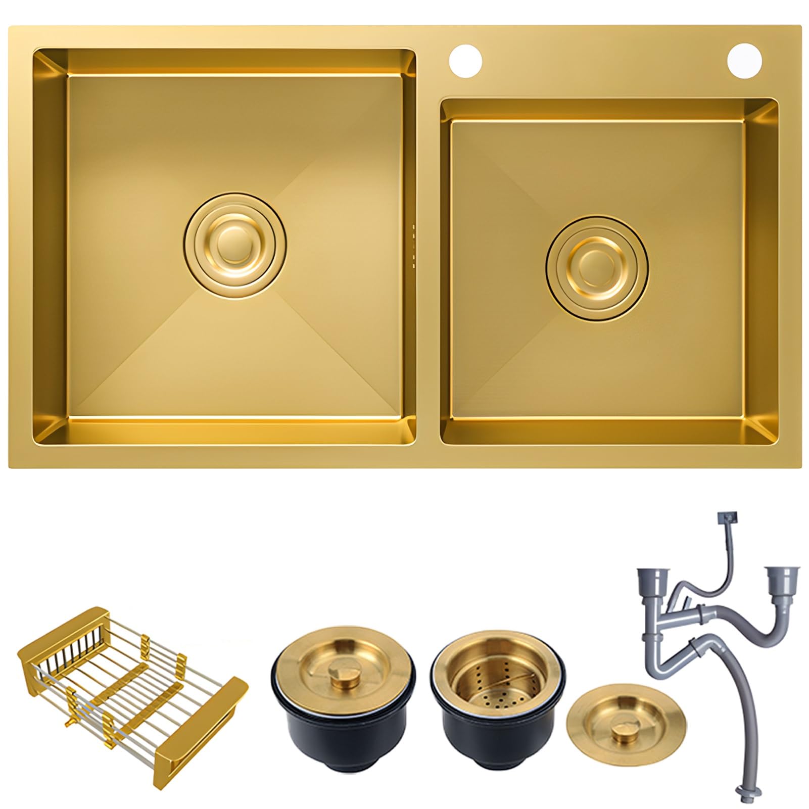 ZQFHSX Gold Stainless Steel Dual Bowl Kitchen Sink, Silent Sink For Undermount Or Inset Installation With Draining Basket, Set, Deodorant Drainage Filter(75x40x22cm)