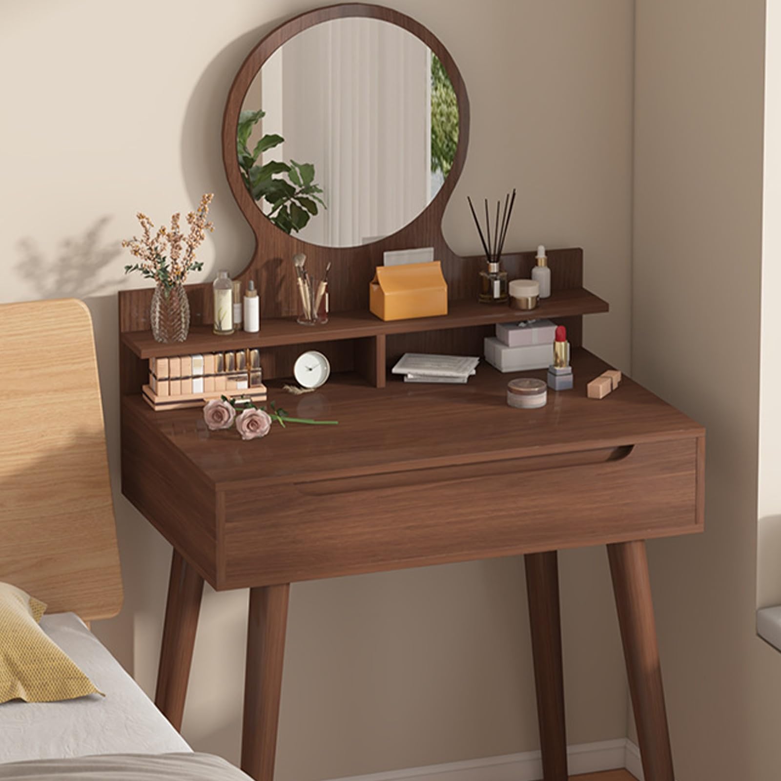 asdchZen Makeup Desk With Round Mirror & Drawers Walnut Finish Compact Design For Small Spaces Stylish Vanity Table For Bedroom Or Dressing Room