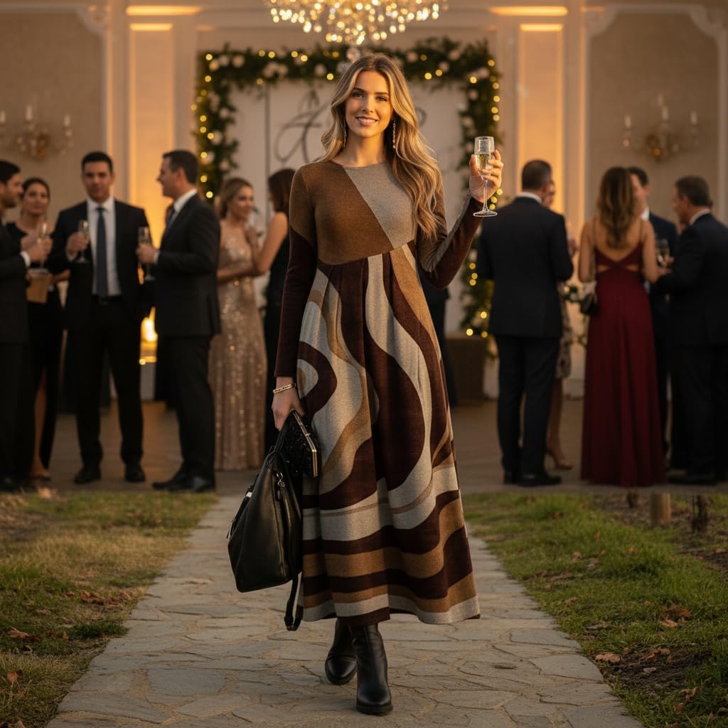 Women's Long Sleeve Maxi Dress with Floral, Plaid, Musical Note & Ethnic Prints, Loose Fit Flowy Casual Long Dress for Women - Image 5