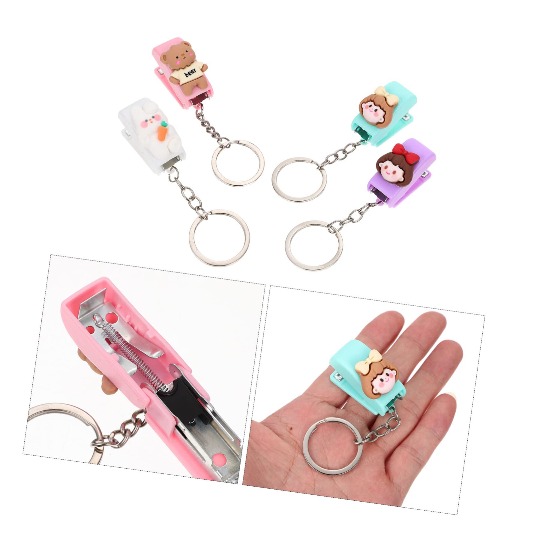 4sets Cucitrici Portatili Forma Di Cartone Con Portachiavi Mini Pinzatrice Per Scuola Ufficio Facile Da Usare Divertente Viola Verde Menta Rosa Bianco Graffette Incluse