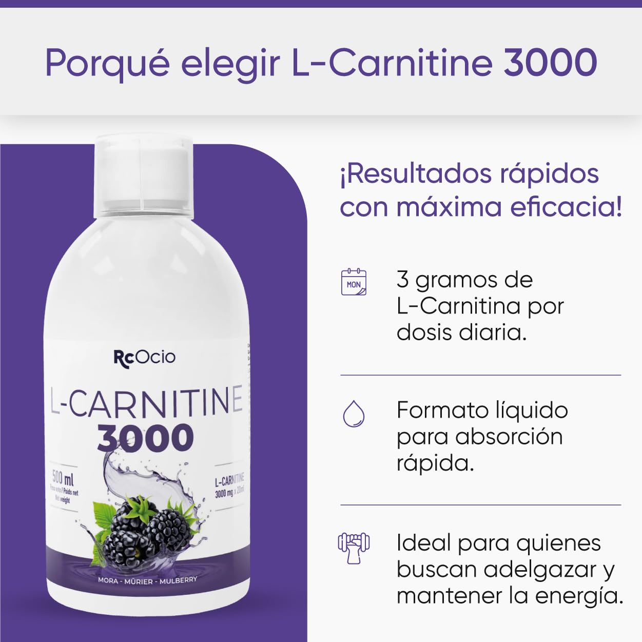 L-Carnitina 3000 RcOcio | Potente Quemador de Grasas Líquido con 3g de  L-Carnitina por Dosis