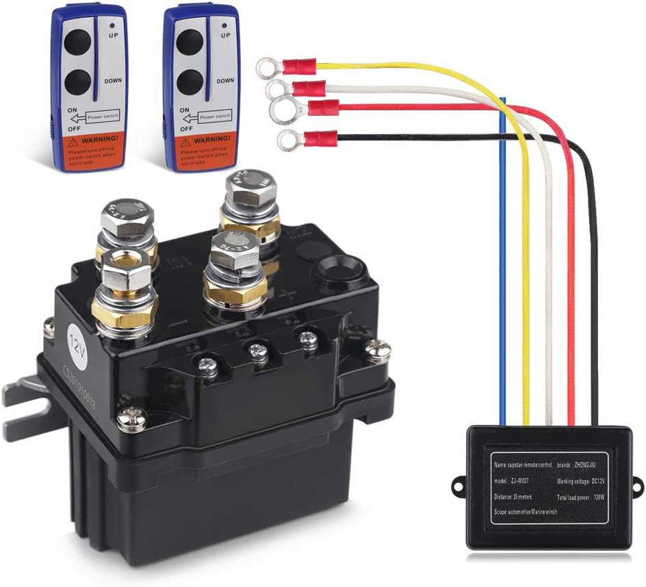 WATERWICH 12V 500A Winch Solenoid Relay Contactor+2pcs Wireless Winch Remote Control Kit with 6 Protecting Caps Universal for Truck Jeep ATV SUV 5500-12000lbs Winch