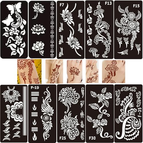 SSyang 10 Piezas Henna Tatuajes Plantilla, Henna Tattoo Negro, Mariposa, Flores, Geometría, Reutilizable, para Manos, Cumpleaños, Halloween, Navidad, Bailes (18,5x9,5)