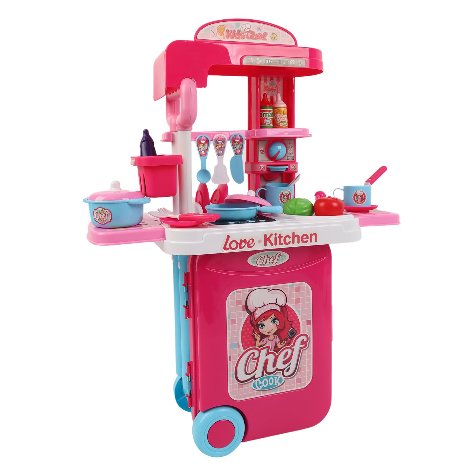 3-in-1 Kids Chef Kitchen Playset, Pretend Play Cooking, Portable Trolley Carrycase with Light and Sound Effects, Pink, Ages 3+