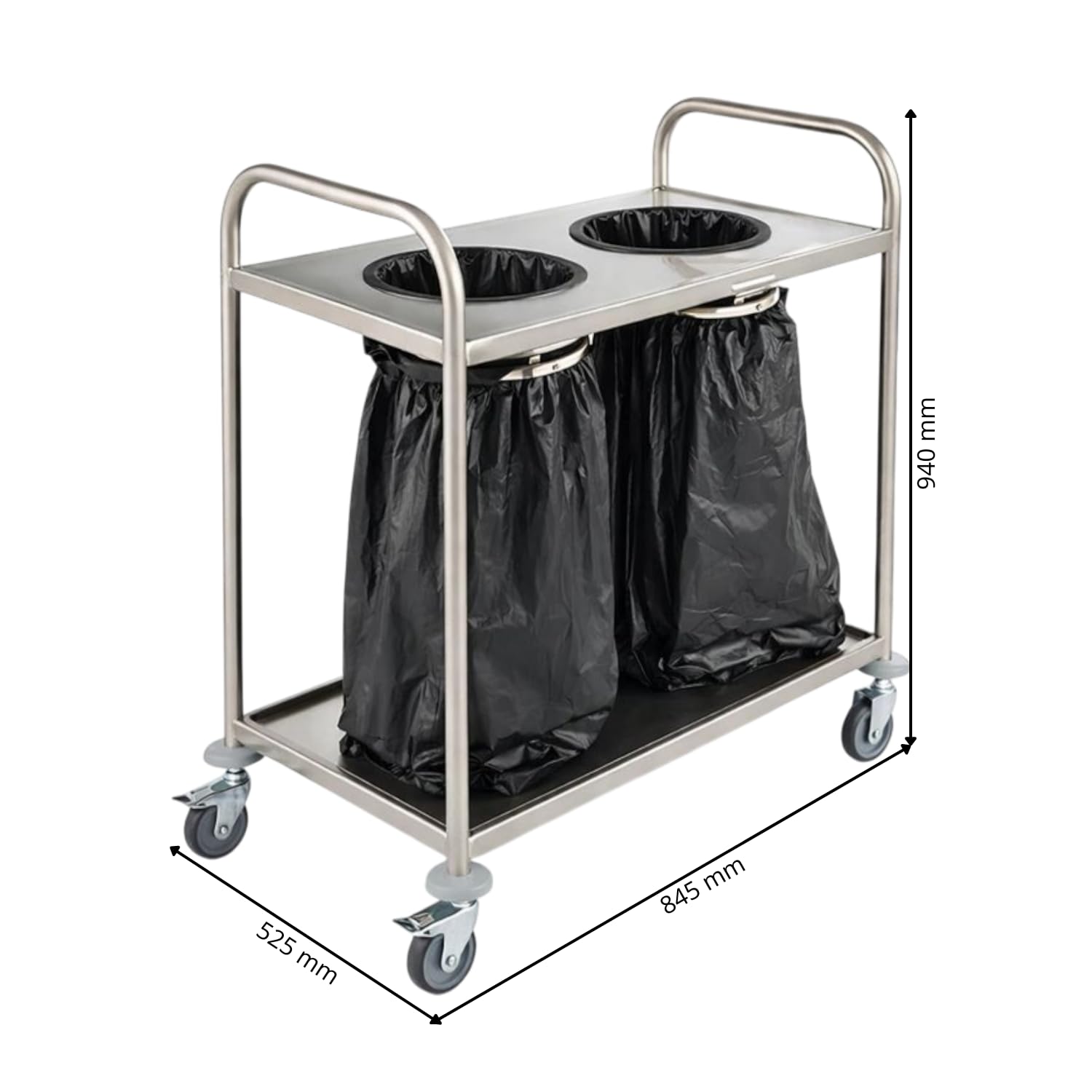 Générique Chariot INOX 2 Poubelles avec Arceaux - Chariot de Collecte Déchets - 2 Niveaux - roulettes avec Freins
