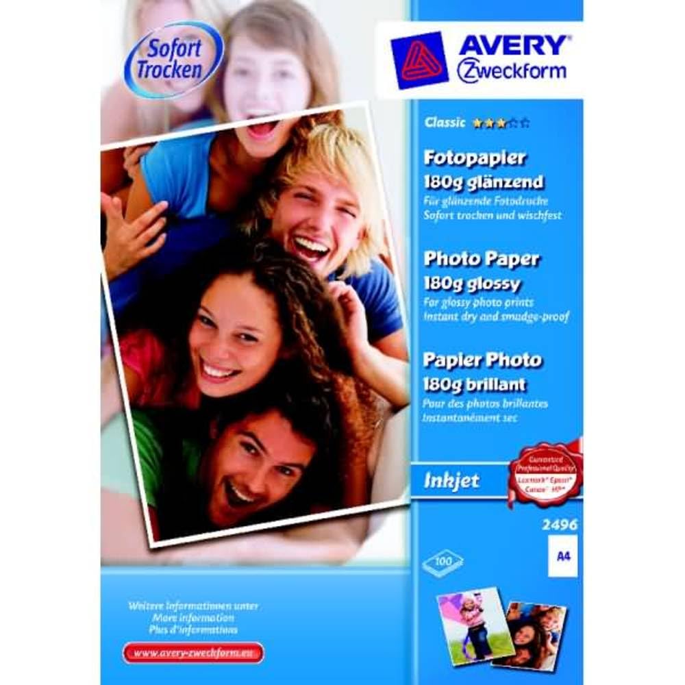 Avery Zweckform 2496 Classic Inkjet Photo Paper DIN A4 High-Gloss Coat on One Side 180 g/m² 100 Sheets