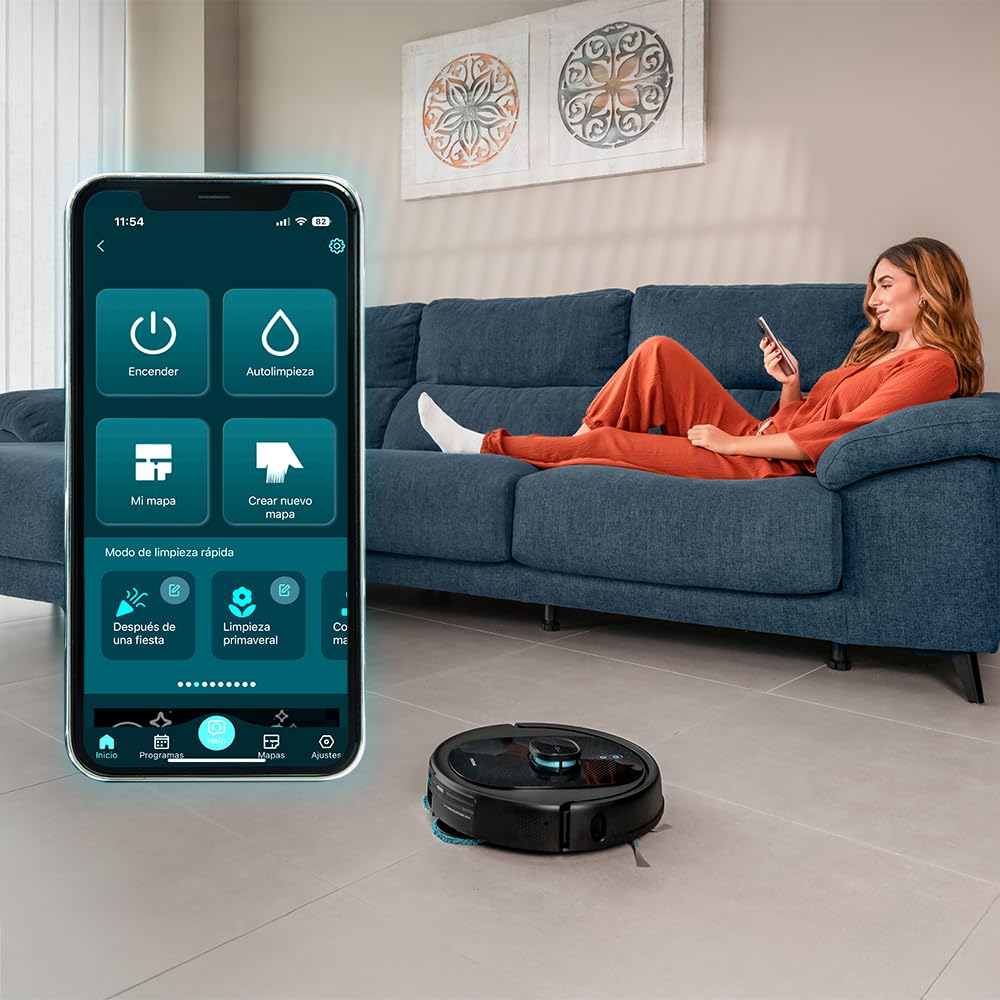 Cecotec Robot Aspirador y Friegasuelos con Base Autovaciado Conga 9590 Spin Revolution Ultra Power Home Essential. Navegación Láser, 10000Pa, App, Autonomía 240min, Cepillo Mascotas, Mopas Gitarorias