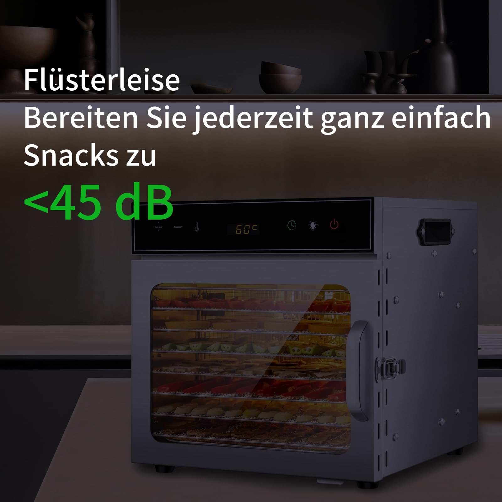 Dörrautomat Edelstahl mit Rezeptheft 8 Etagen, oiyocemo 500W Edelstahl Lebensmittel Dehydrator mit 360° Luftzirkulation, Große Kapazität für Fleisch, Obst, Gemüse, Kräuter