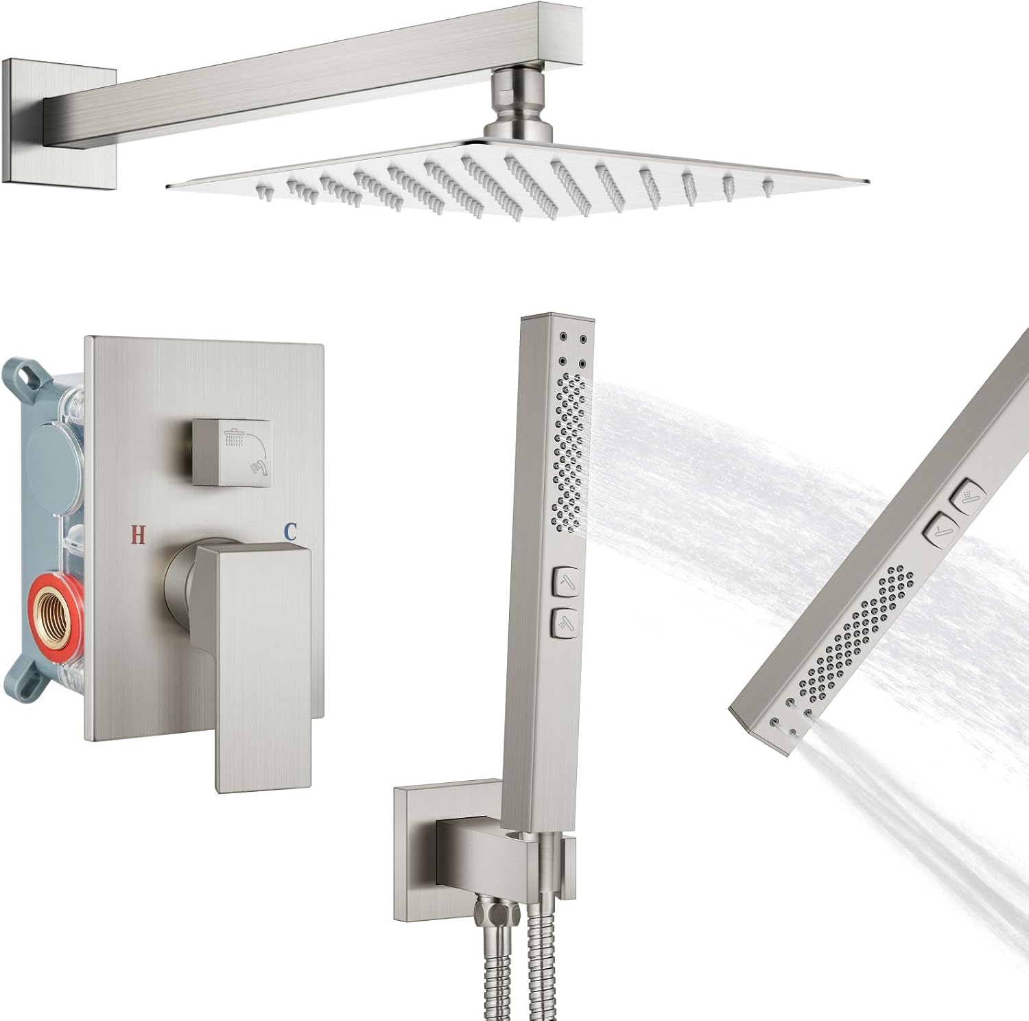 Shower System Rain Shower Head and Handle Set Wall Mount Shower Faucet Set Fixture Combo 2 in 1 Handheld Spray Brass Rough-in Valve with 8 Inch Showerhead Brushed Nickel