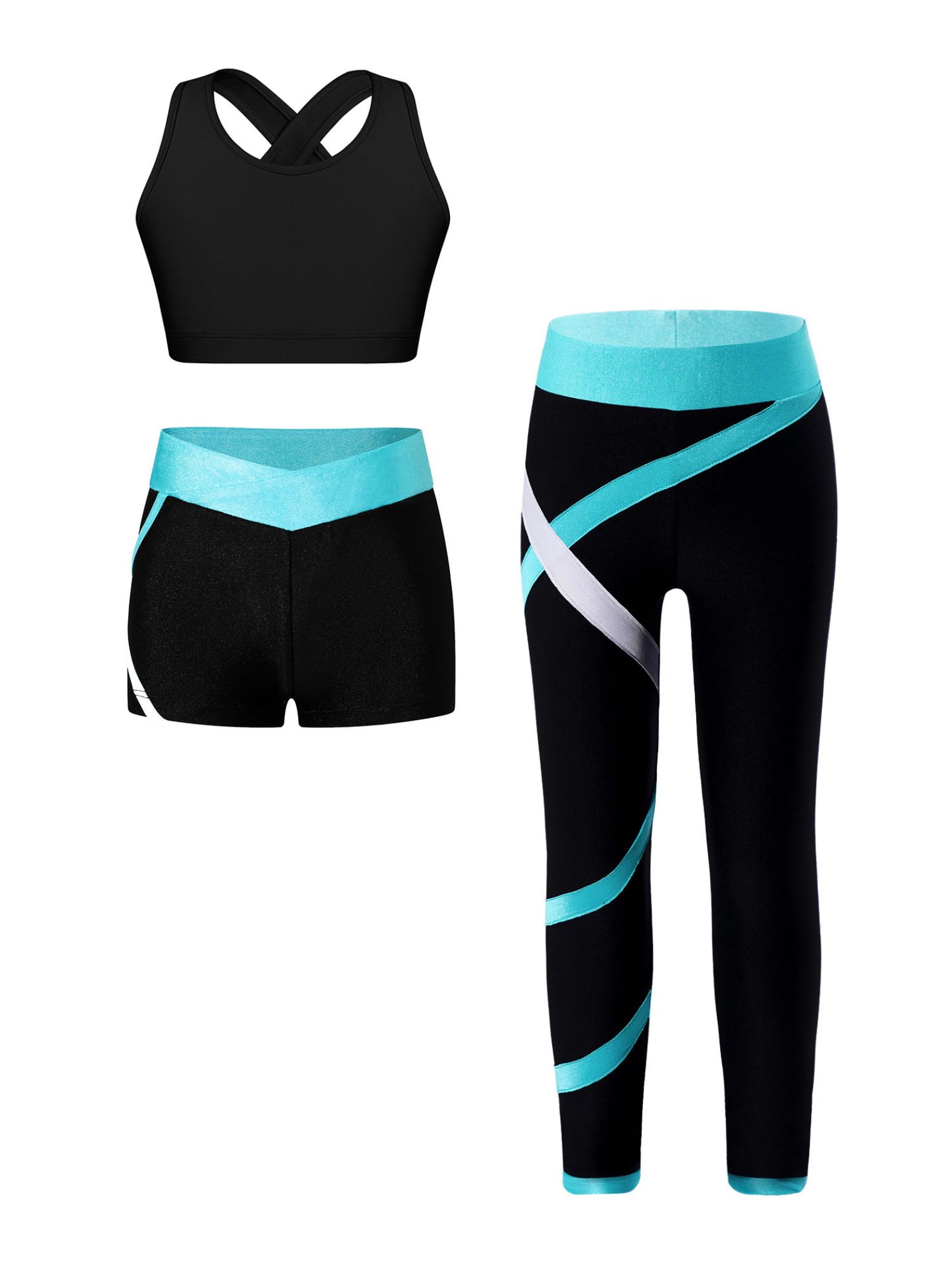 Ensemble De Sport Pour Fille 3 Pièces Complet Pour Entraînement Danse Moderne Yoga Course Jogging Débardeur Sportif + Short Sportif + Leggings Longs
