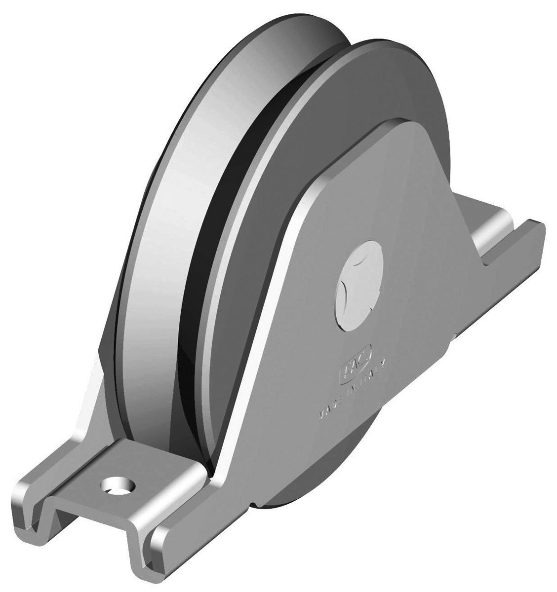 Galet gorge en V - Support plié/Perçé Ø 100mm - 1 Roult