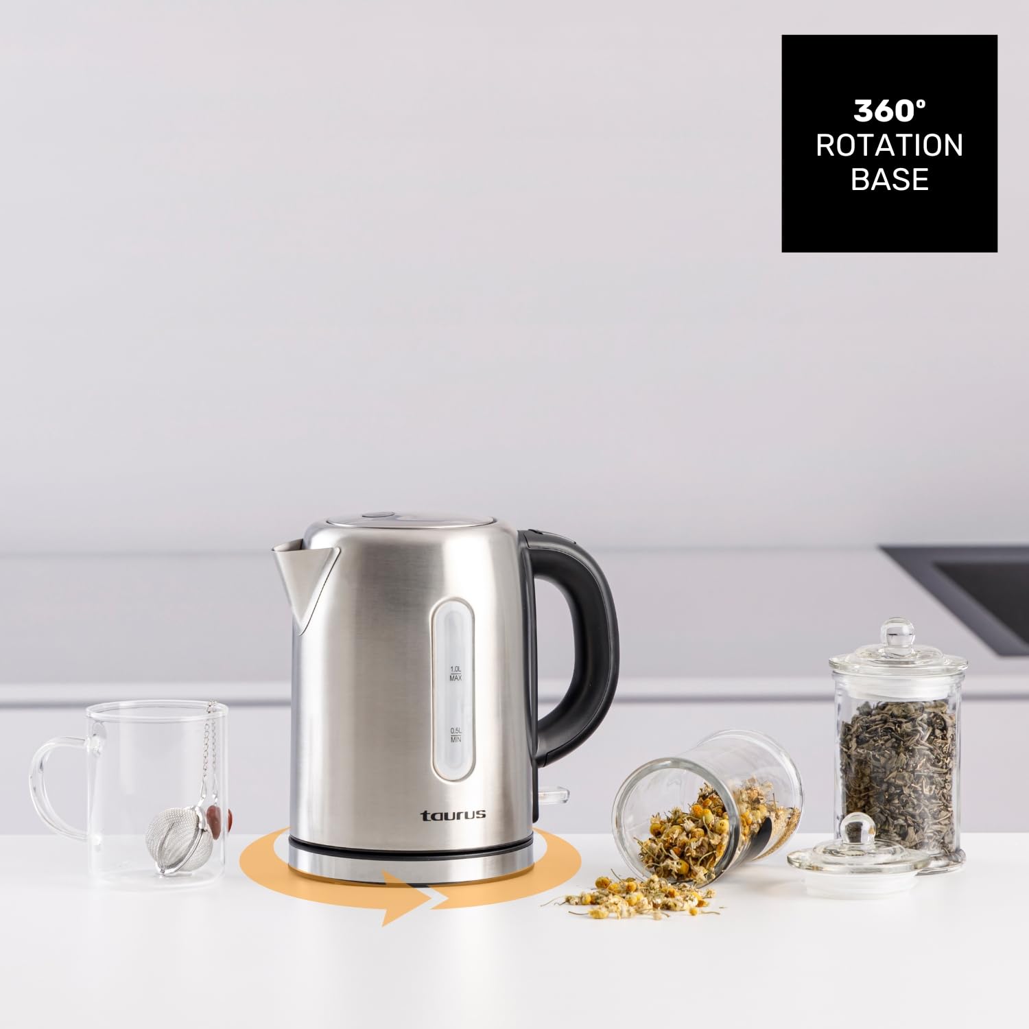 Taurus - Hervidor Eléctrico Selene Compact 2400W | 1L | Base Giratoria 360º | Resistencia Oculta | Recoge Cables | Apertura Automática | Acero Inoxidable | Auto Off | BPA Free | Diseño ergonómico
