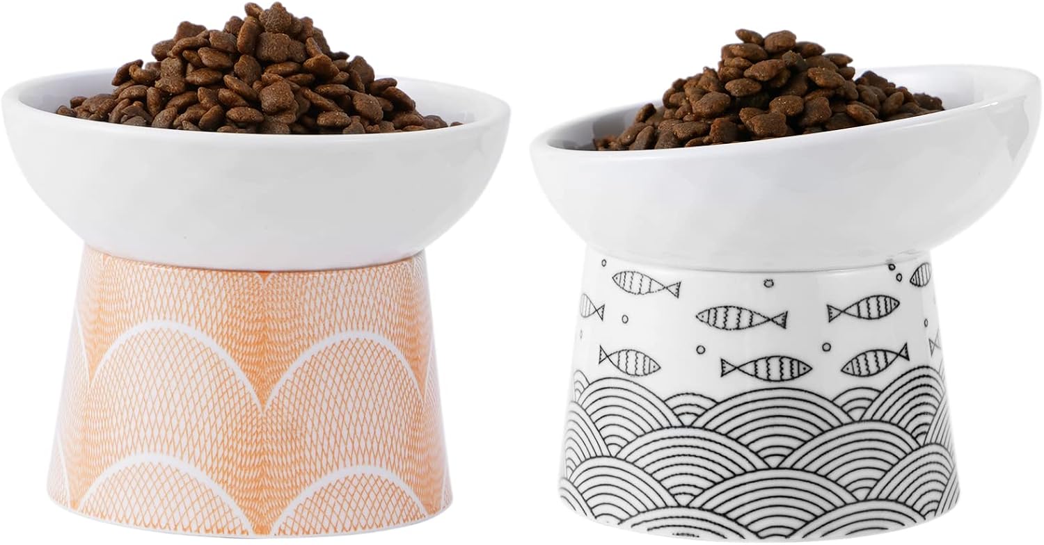 TAMAYKIM Ceramic Raised Cat Bowls, Food and Water Bowls Set for Kitty Cats and Small Dogs, Porcelain Elevated Stress Free Feeding Pet…