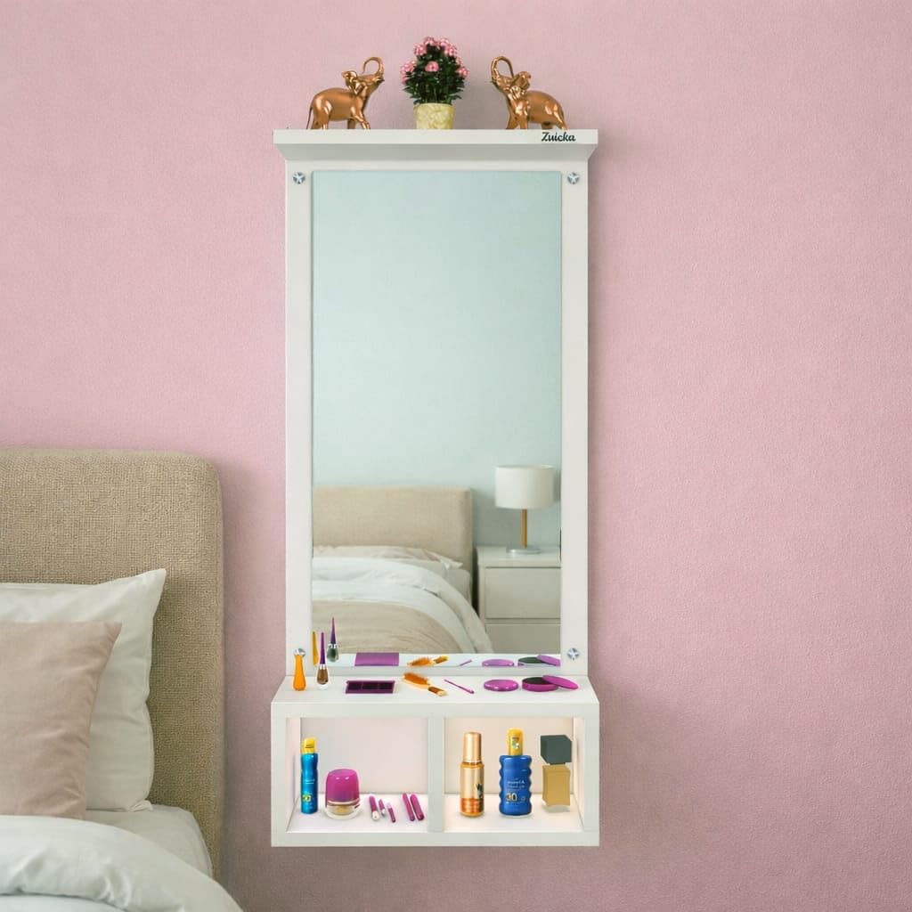 Zuicka Wall Mounted Makeup Vanity with Mirror, Wenge Finish, Modern Style, Wood, 34cm Width x 75cm Height x 12cm Depth, Storage Shelves