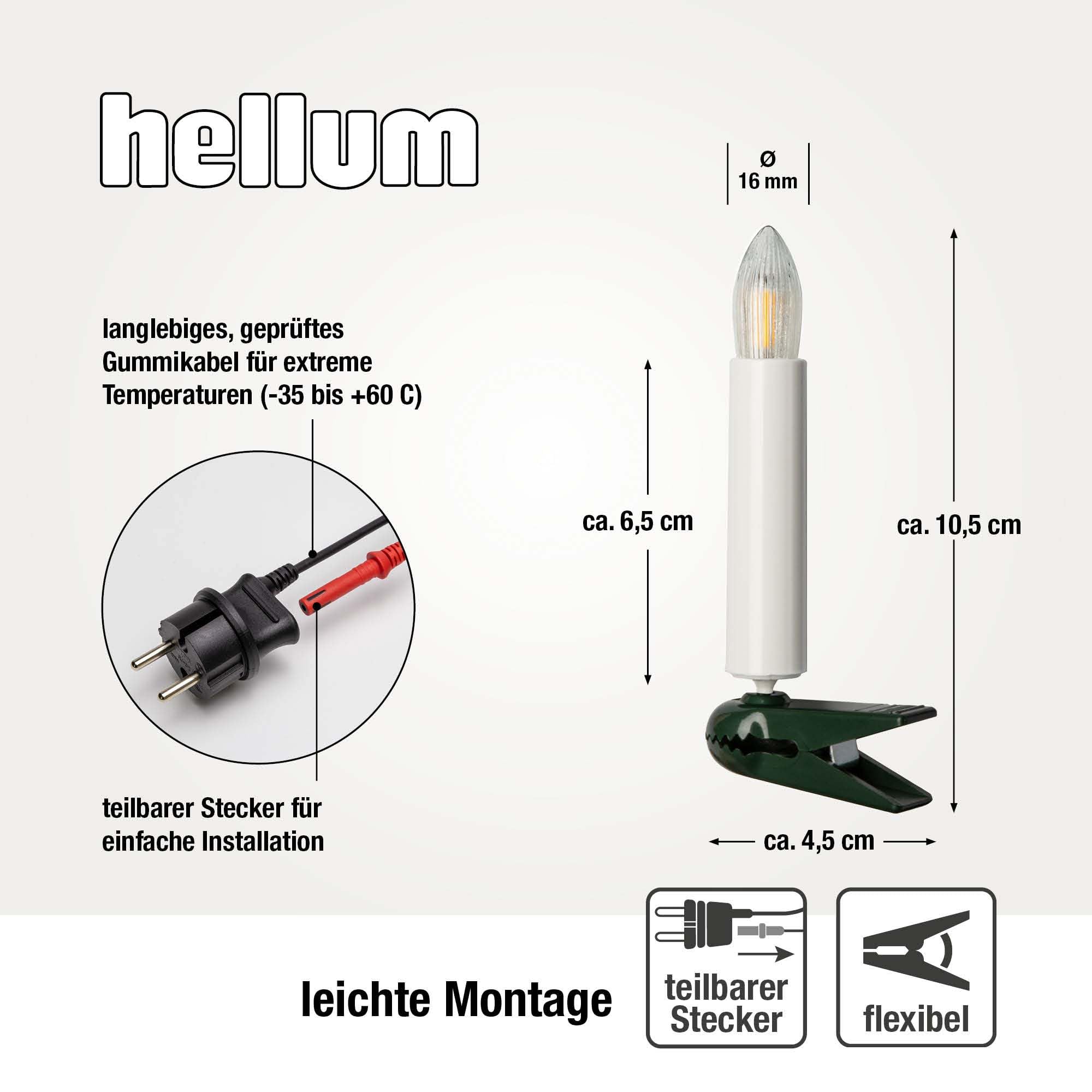 hellum Lichterkette Weihnachten LED-Filament innen 20 LED, Stecker teilbar | Made in Germany warmweiß, Christbaum Lichterkette mit Clip, 13,30m beleuchtet, Stecker teilbar, Kabel grün <59lm 815016