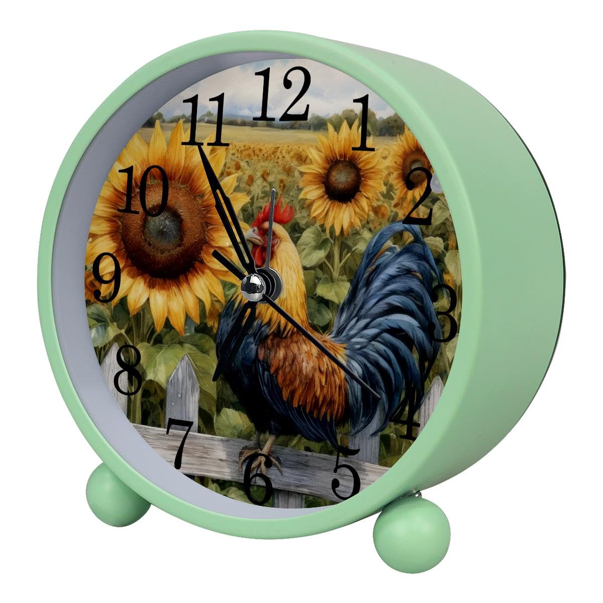 Alarm Clock Rooster Fence Sunflowers, Silent Non-Ticking with Night Light