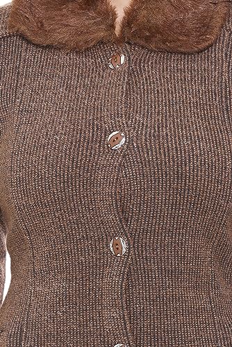 Image of Women Woolen Buttoned Fur Collar Neck Stylish Party Winter Wear Coat Cardigan Sweater