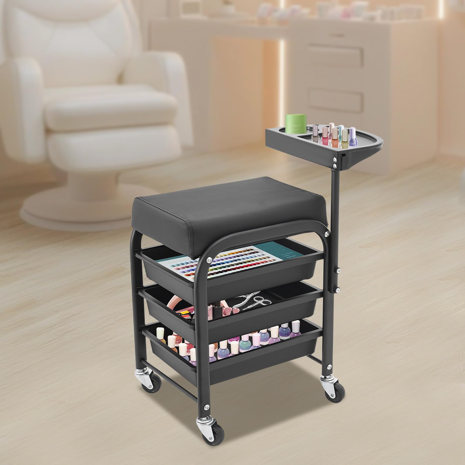 Carrello pedicure spa con 3 cassetti e ripiano superiore, ruote universali, poggiapiedi, per saloni di bellezza, nero, 38 x 32 x 65 cm