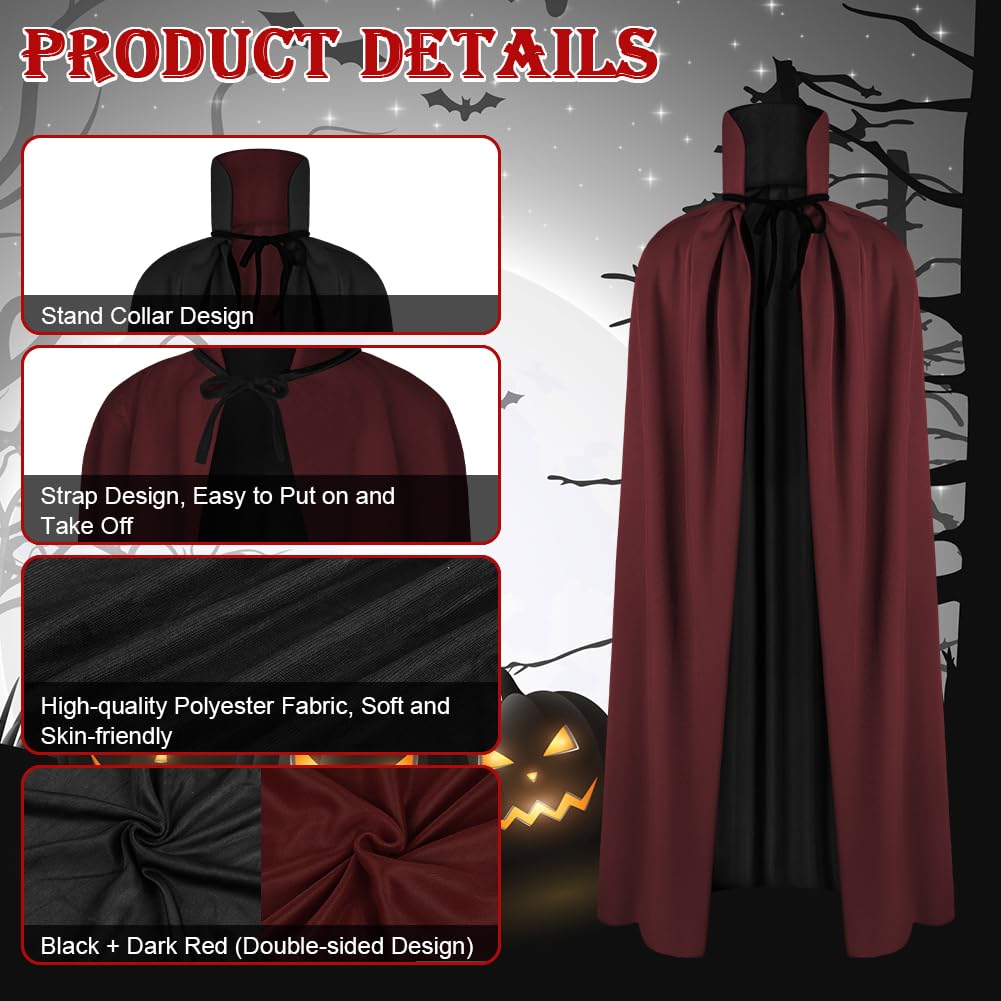 AOOWU Mantello Vampiro Bambini, Mantello Reversibile Mantello Rosso Nero di Halloween, Vampiro Collo Alto Mantello Unisex per Carnevale, Cosplay Travestimento, 90cm