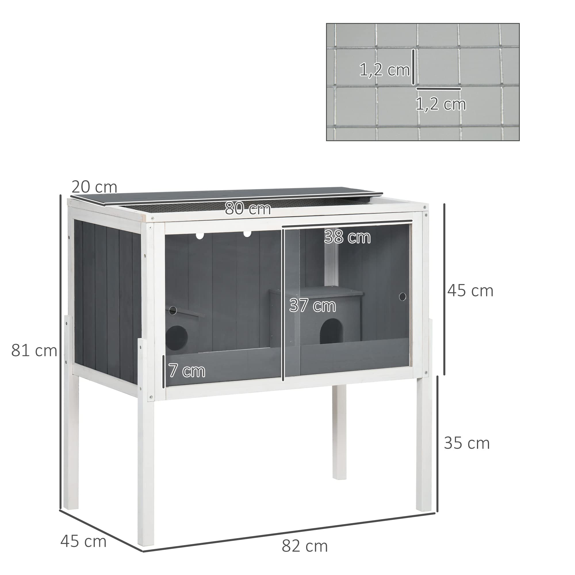 PawHut Jaula para Hámster de Madera 82x45x81 cm Casa para Roedores con Estante Desmontable 2 Puertas de Acrílico 2 Casitas para Animales Pequeños Gris Oscuro
