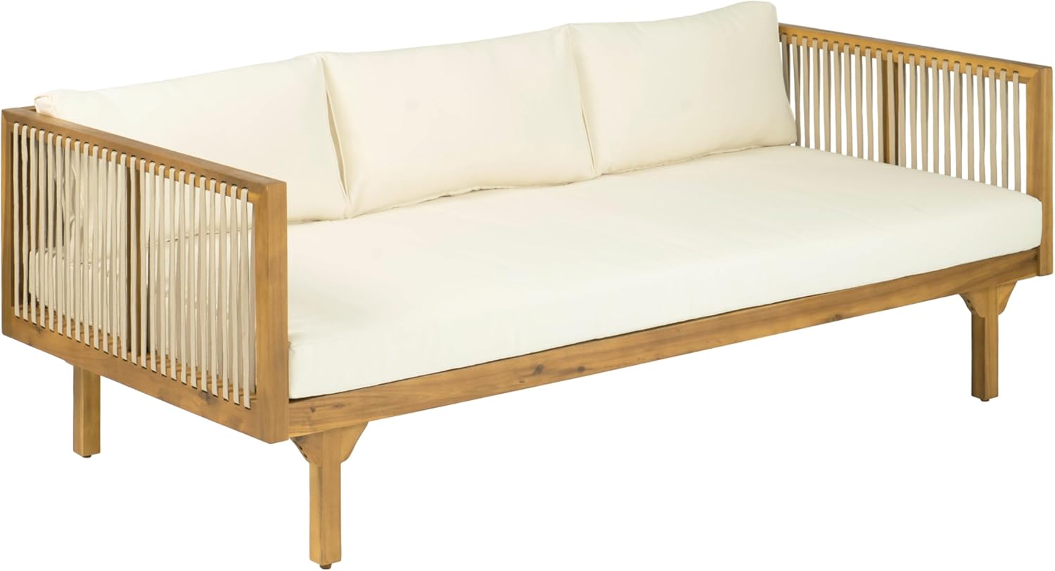 Christopher Knight Home Clarie Acacia Wood Outdoor Daybed Sofa with Water-Resistant Cushion, Solid Wood Patio 3 Seater Sofa Couch, Patio Garden Lounge Sofa with Rope Accent, Teak+Beige