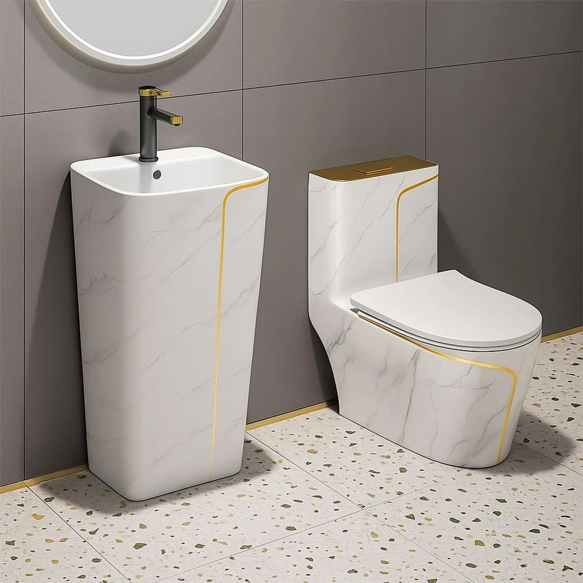 EGO INTERIORS Royalty Line | Einteilige Stand-WC mit eingebautem Spülkasten | Goldene Marmoroptik Keramik | randlos | Sitz mit Soft Close Absenkautomatik | Quick Release Scharnieren