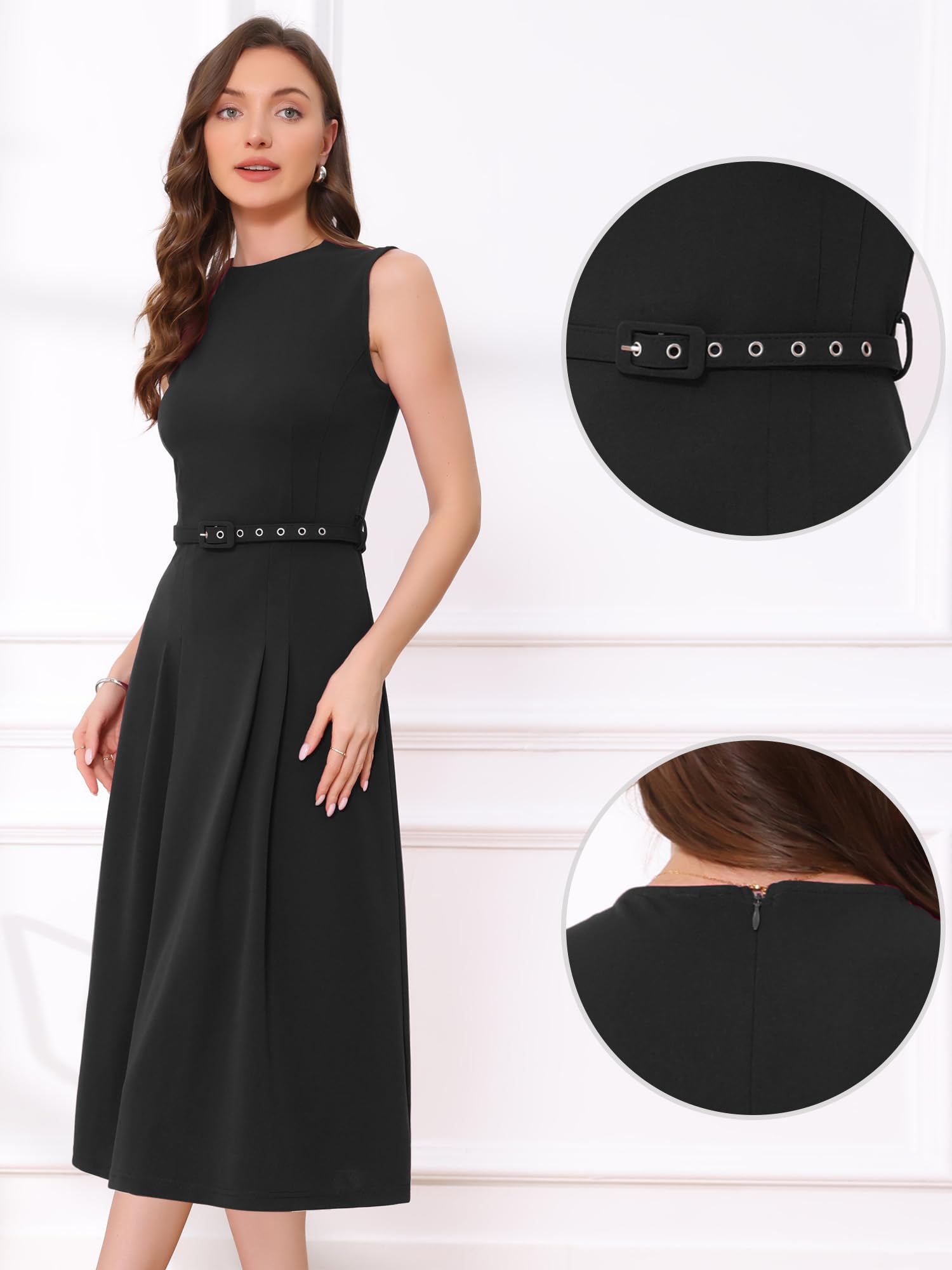 Allegra K Robe de Travail Femme sans Manches Col Ras du Cou Taille Haute Coupe Trapèze Tenue de Bureau
