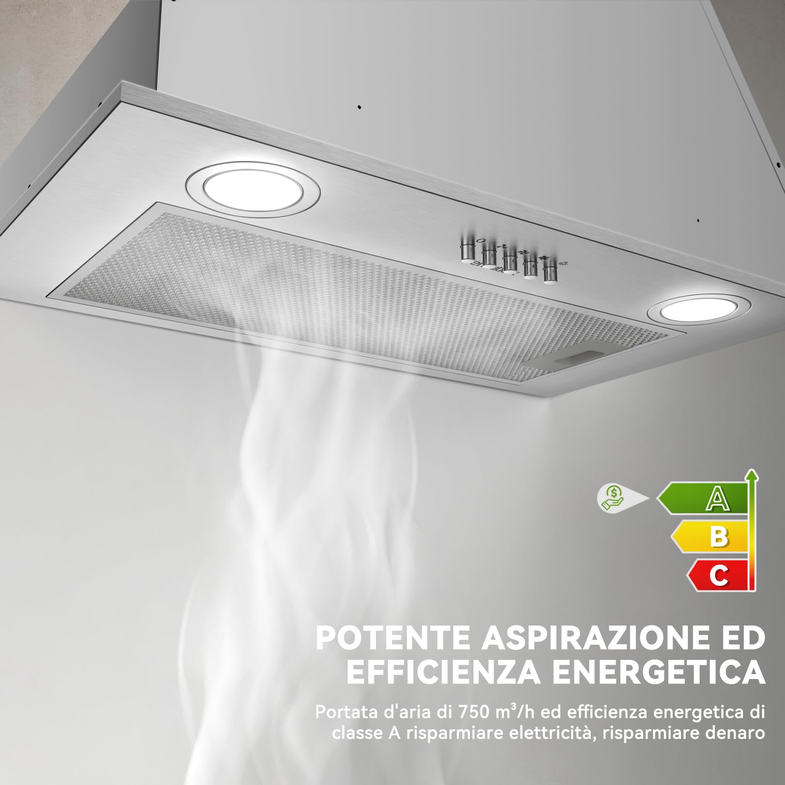 Cappa Aspirante Da Incasso KICHPOWER 52cm - 300 M³/h, LED, Filtro Alluminio 3 Strati