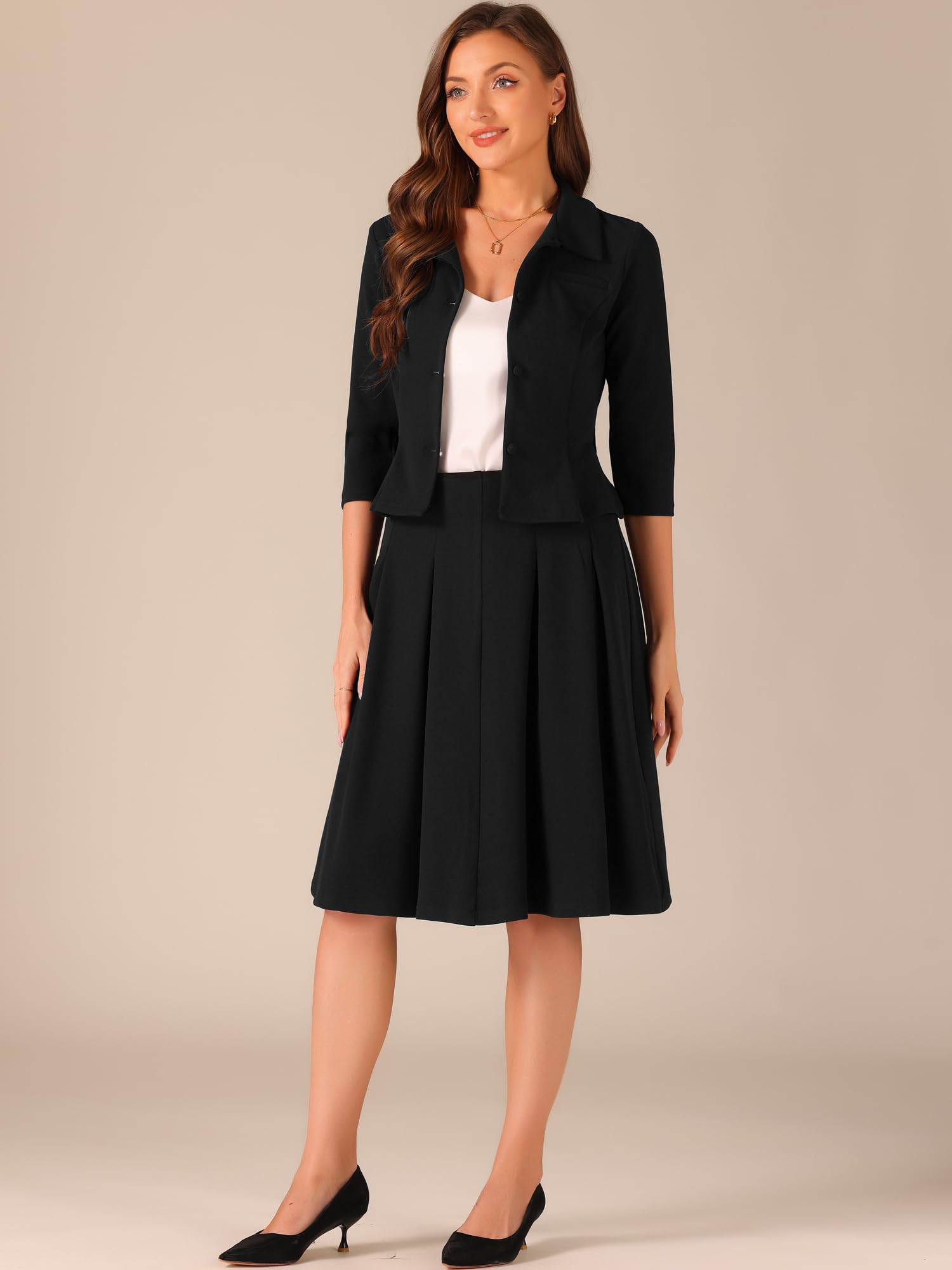 Allegra K Damen Business Rock Anzug Sets 2-Teilige Outfits Büro Langarm Blazer Jacke Faltenröcke