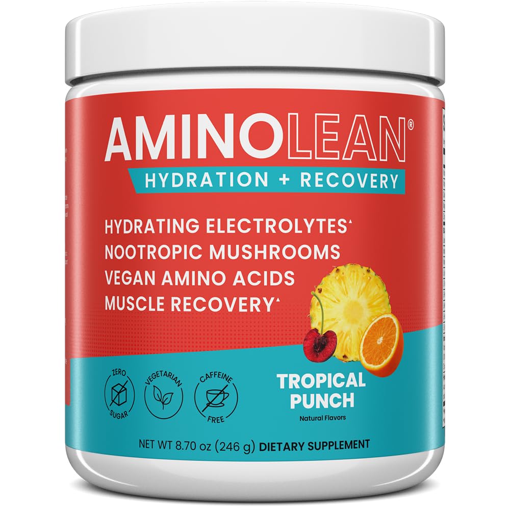 AminoLean Hydrating Electrolyte Powder and Recovery Drink with Sea Minerals, Nootropic Mushrooms, and Vegan Amino Acids, BCAAs + EAAs for Post Workout Muscle Building, Tropical Punch