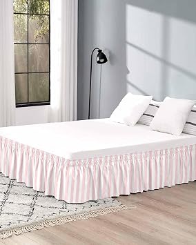 Pink Striped Bed Skirt Queen Size 16 Inch Drop, Farmhouse Adjustable Elastic Bedskirt Dust Ruffle for Queen Bed, Pink White Stripes Wrap Around Bed Skirts Luxurious Pleated Bed Frame Cover