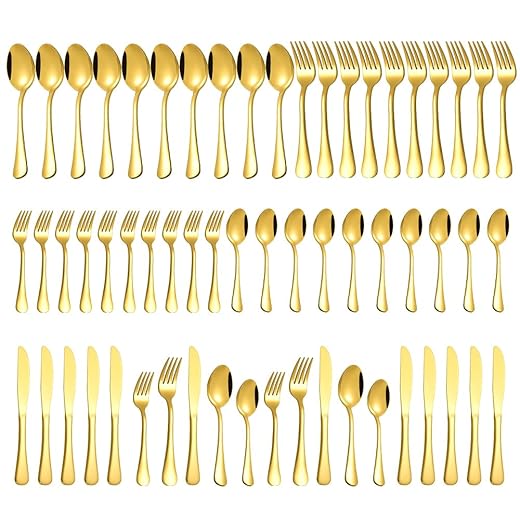 Gold Silverware Set, 60 Pieces Stainless Steel Flatware Set for 12, Stain Finish Cutlery Tableware Set, Kitchen Eating Utensils Include Spoons, Forks, Knives with Gift Package, Dishwasher Safe