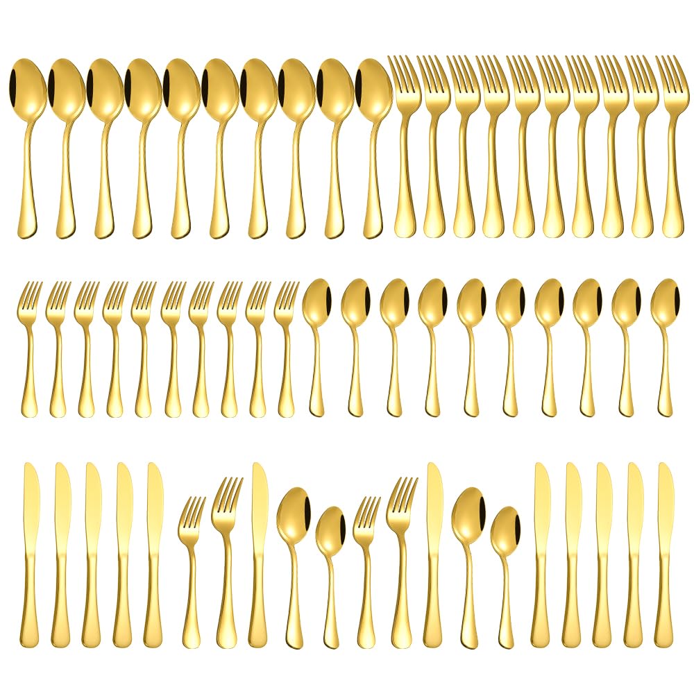 H.S.Y Gold 60-Pieces Flatware Set for 12, Silverware Set Cutlery Set Include Knife Fork Spoon for Kitchen, Hotel, Restaurant, Dishwasher Safe