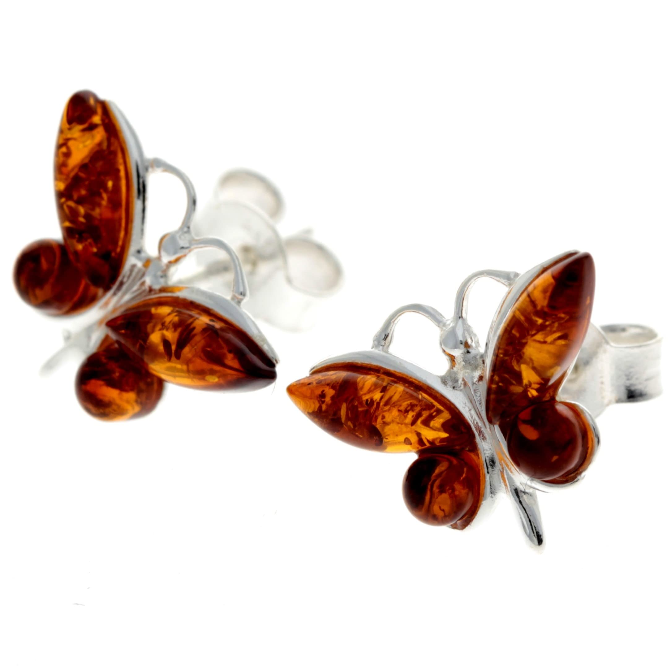 Orecchini a perno in vera ambra baltica e argento Sterling 925, a forma di farfalla, 8494, 7x3, 3x3 mm, 1.5 x 1.1 cm, Argento, Ambra