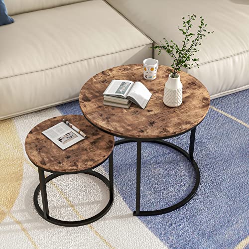 BOFENG Round Nesting Coffee Table Set of 2 End Tables for Living Room,Sofa Tea Table for Small Space/Bedroom,Stacking Side Tables with Metal Frame,Rustic Brown