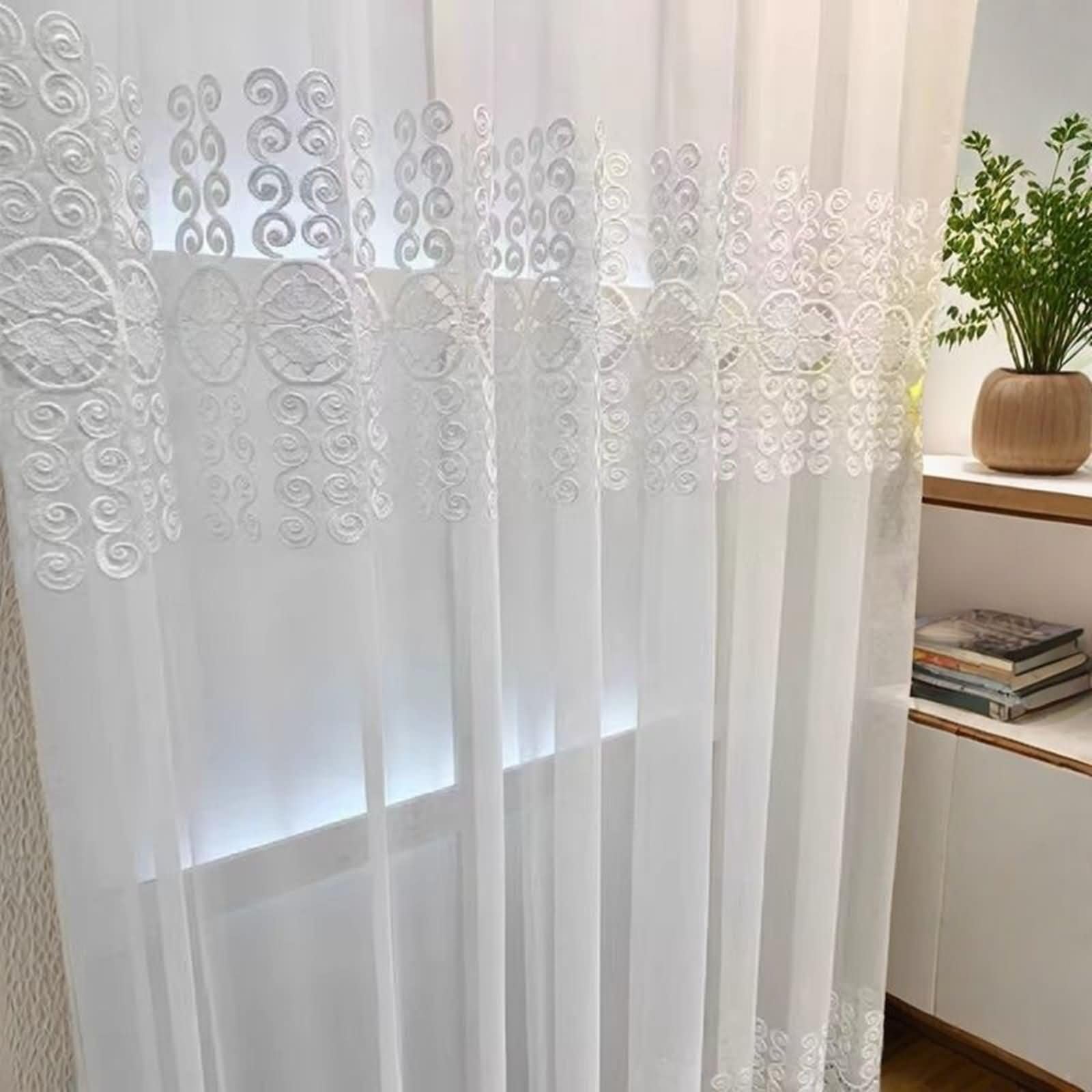 KnSam Rideau Voilage Blanc, 2 Pièces, Rideaux Chambre Salon Broderie, Dentelle à Crochets, 102x183cm x 1pcs