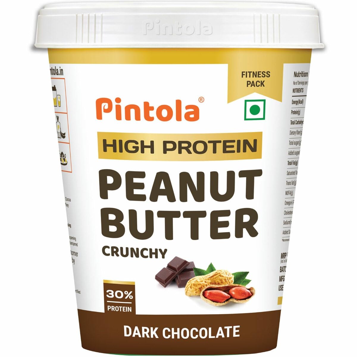 Pintola High Protein Peanut Butter (Dark Chocolate) (Crispy, 510g) | 30% Protein | High Fiber | No Salt 510g (1 Pack) Brown