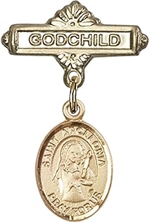 14kt Yellow Gold Baby Badge with St. Apollonia Charm and Godchild Badge Pin 1 X 5/8 inches